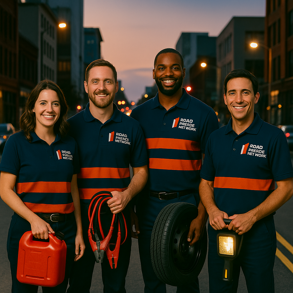 Four smiling roadside assistance workers stand on a city street at dusk, wearing matching uniforms. They hold a gas can, jumper cables, a spare tire, and a portable light, ready to help motorists in need.