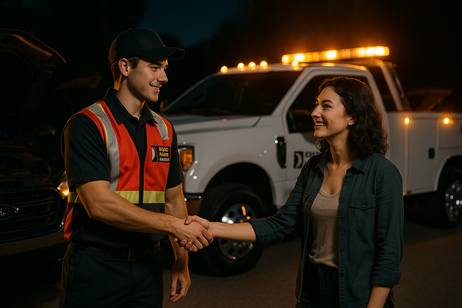 Nighttime roadside assistance interaction.
