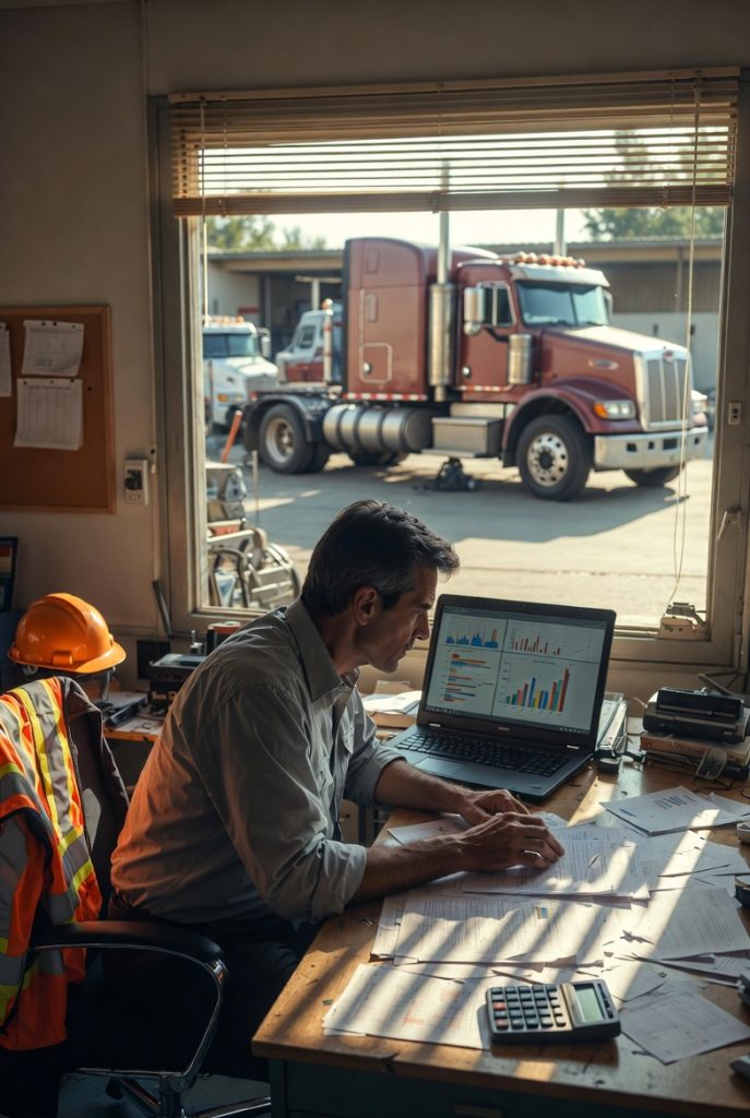 Office scene with truck outside window.