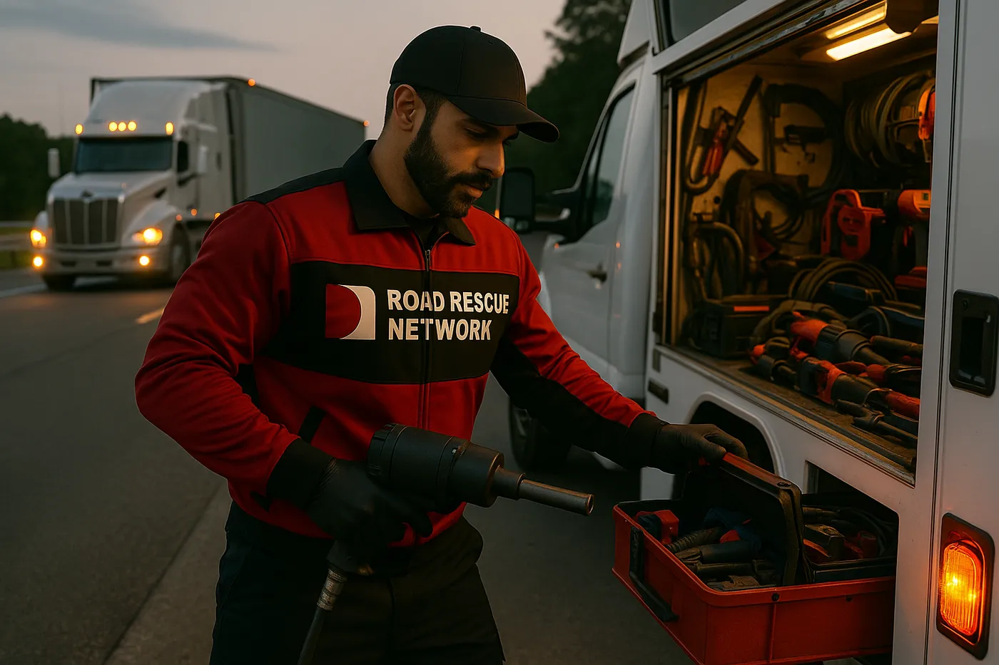 Road Rescue Network technician working from the open bay of a service truck.