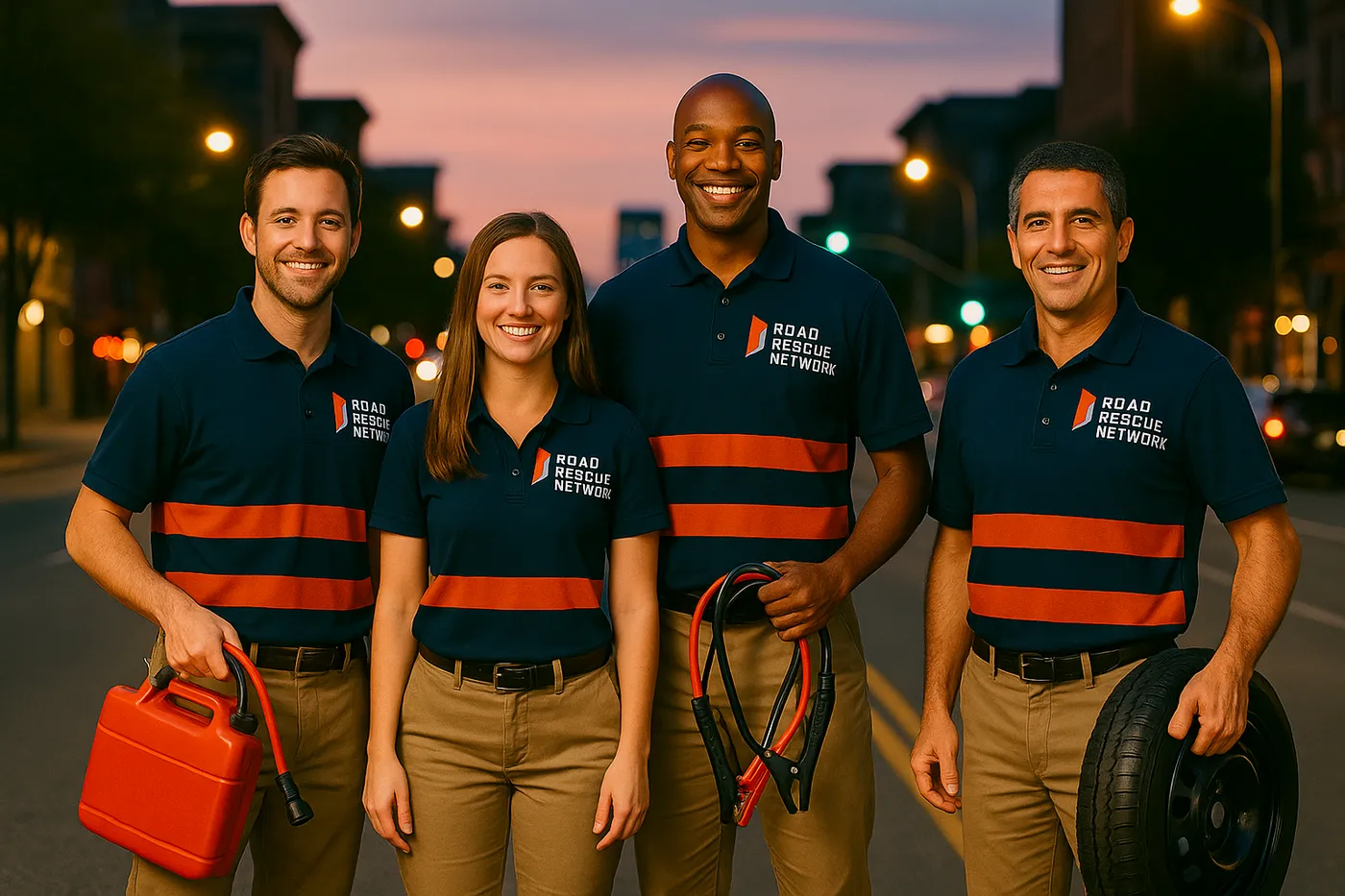 Four Road Rescue Network technicians in branded polos on a city street at dusk.