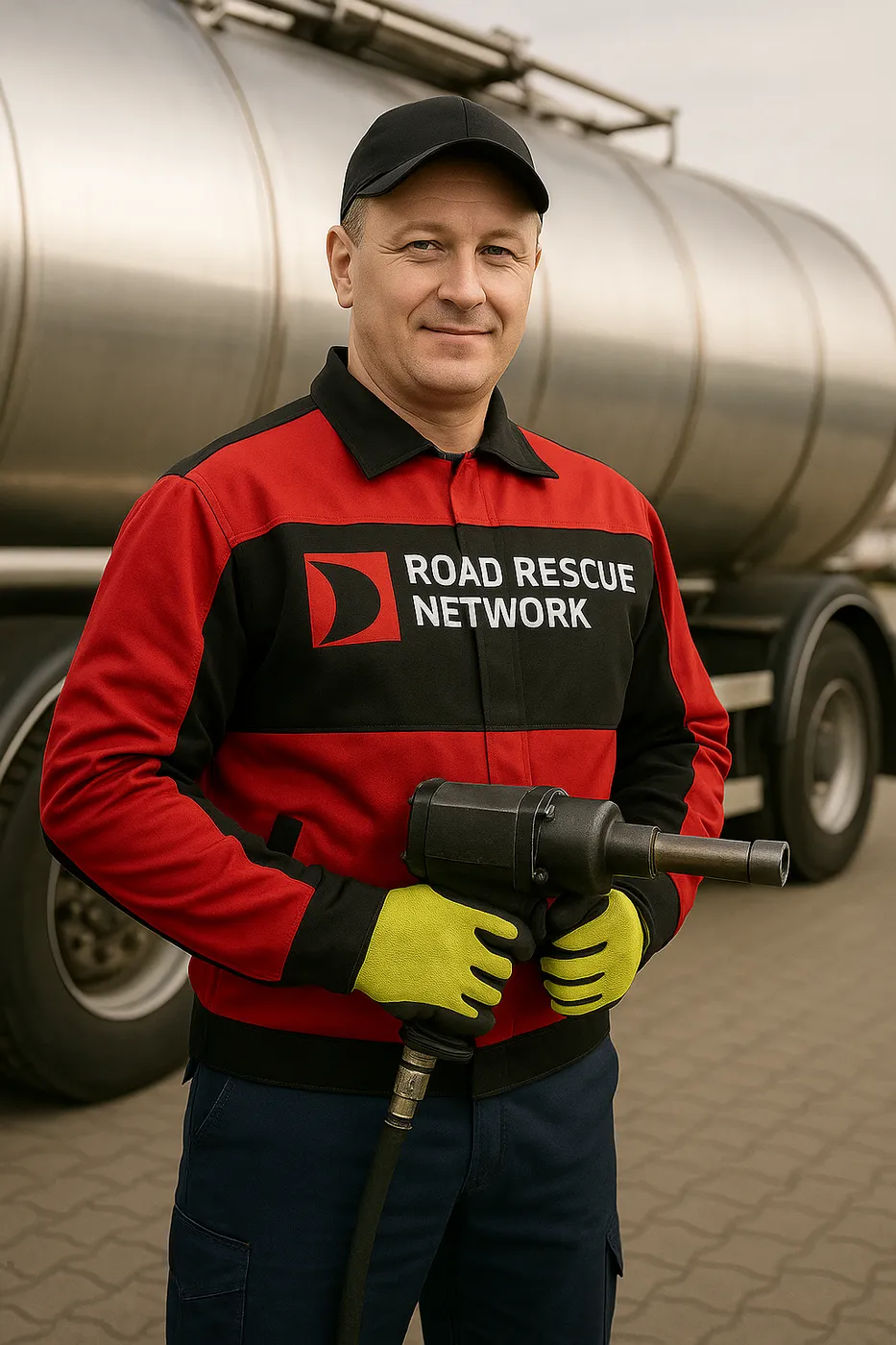 Road Rescue Network technician in a branded red jacket holding an impact wrench.