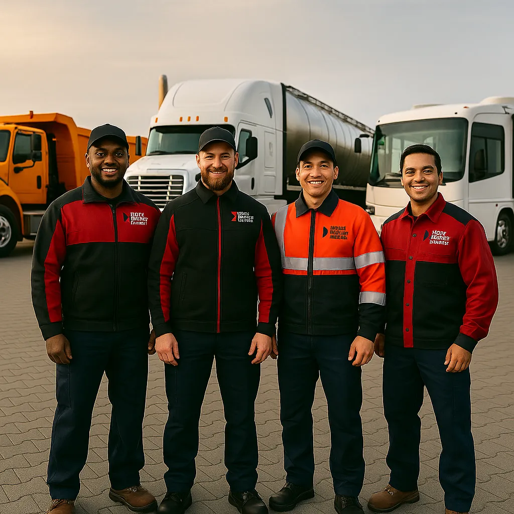 Road Rescue Network crew in branded jackets in front of a fleet yard.