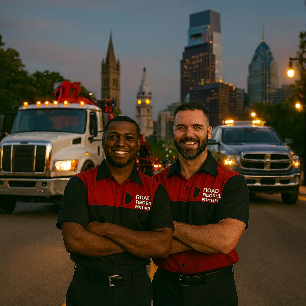 Two Road Rescue Network operators in front of service trucks at dusk.