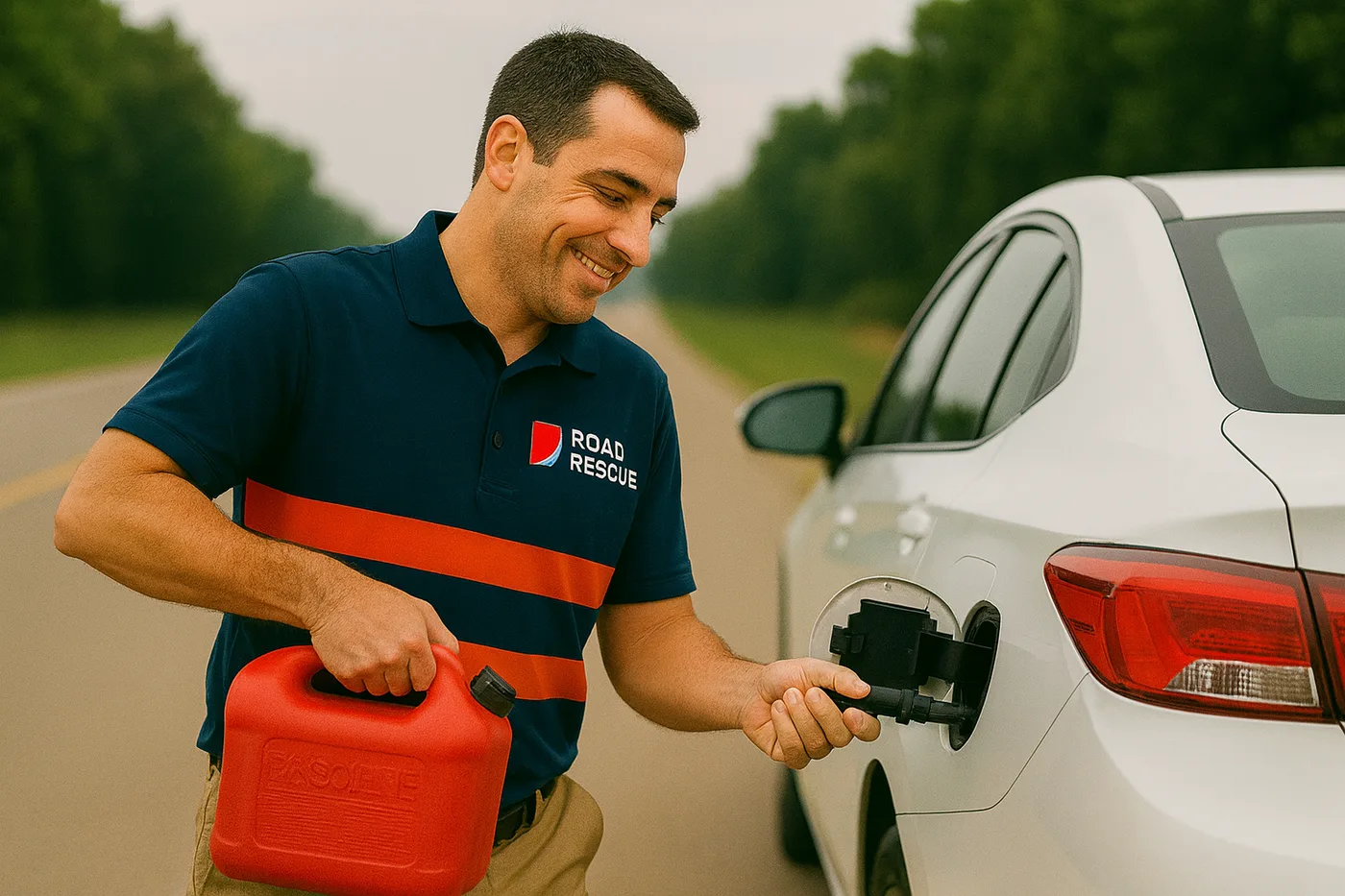 Road Rescue Network technician refuelling a car from a portable can.