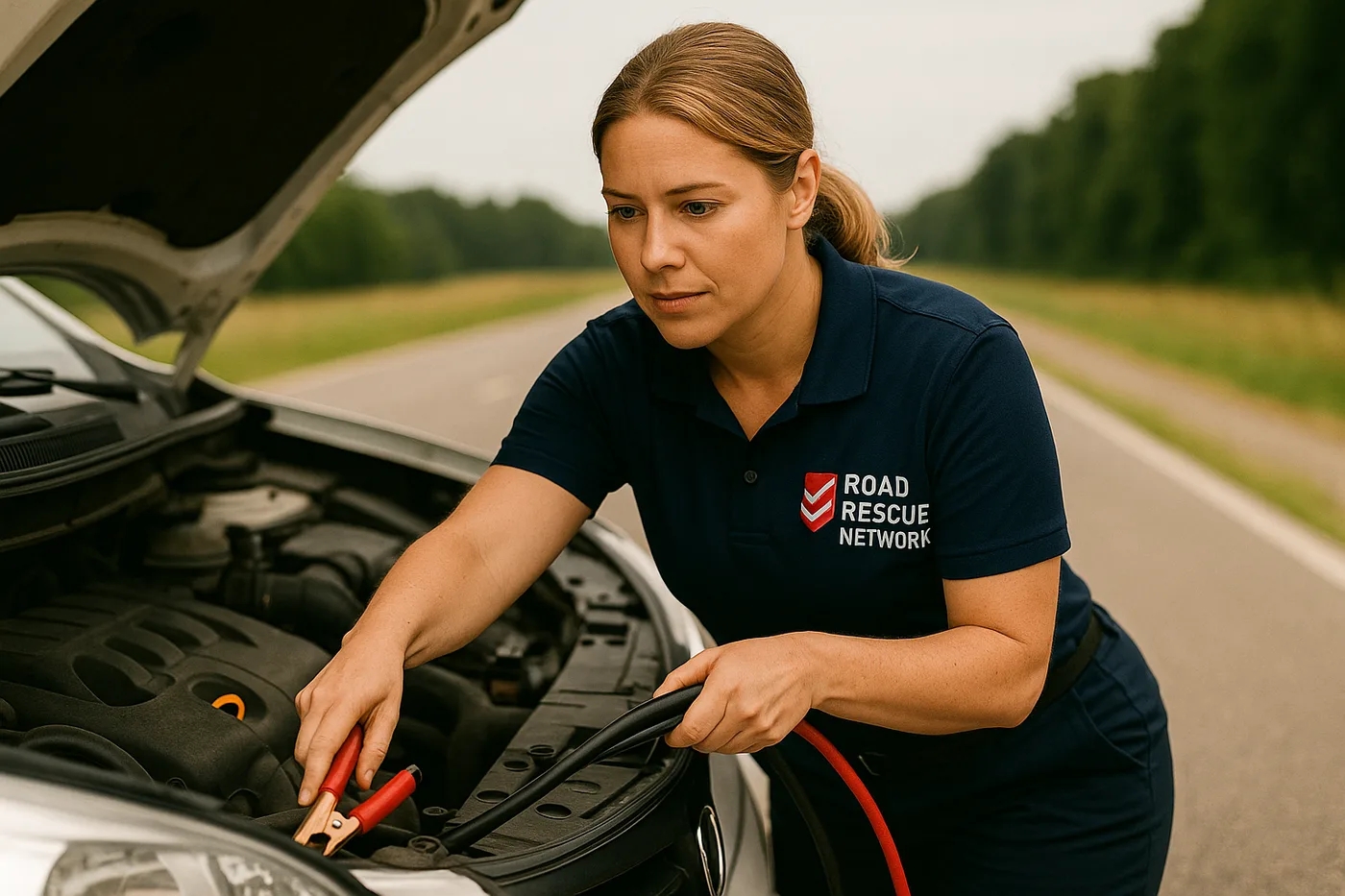 Road Rescue Network technician connecting jumper cables on a rural shoulder.