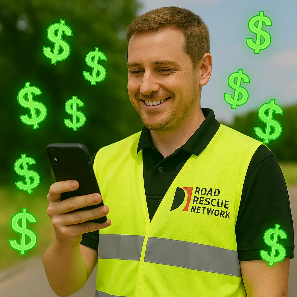 Road Rescue Network technician checking a job payout on a phone.