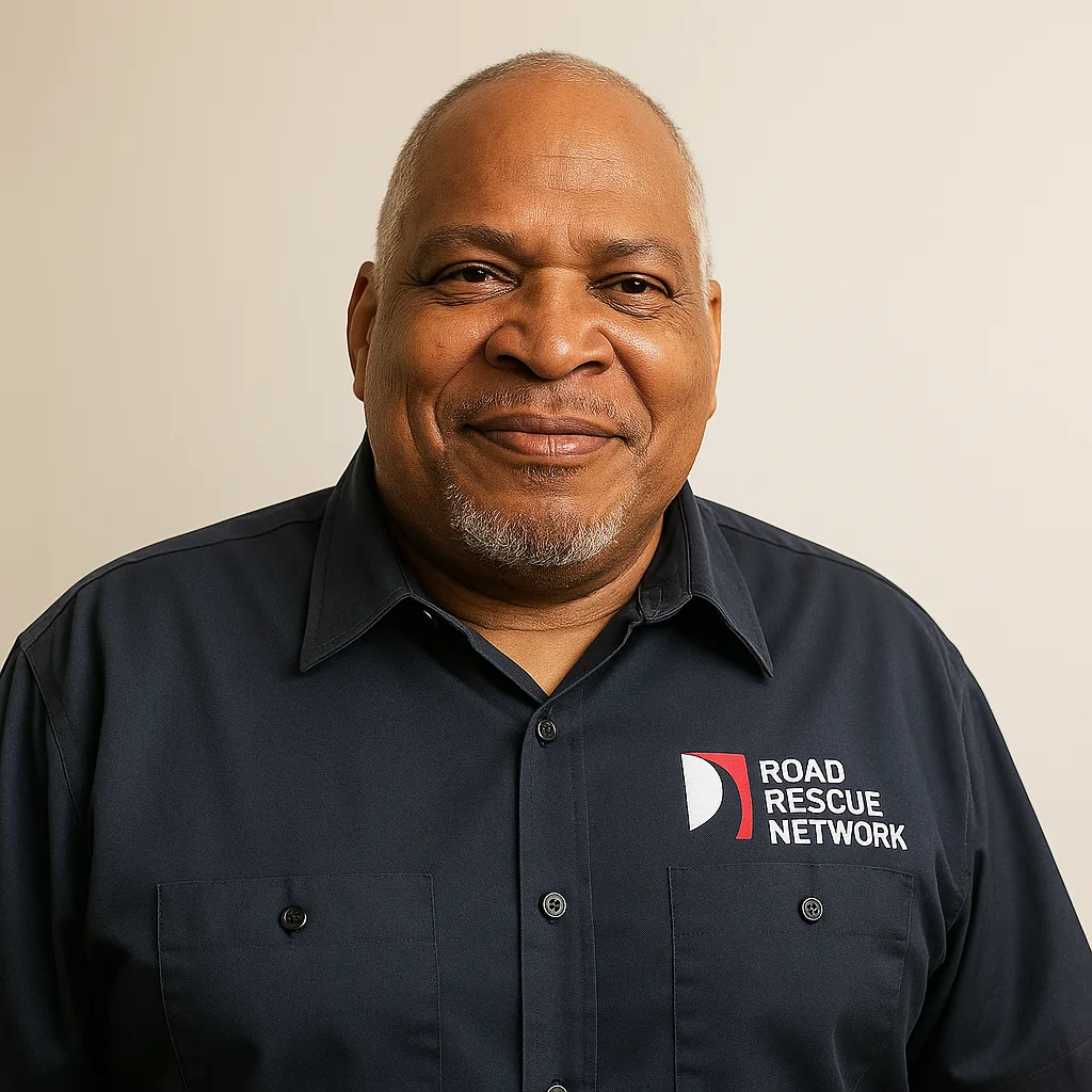 Road Rescue Network technician in a branded polo, portrait.