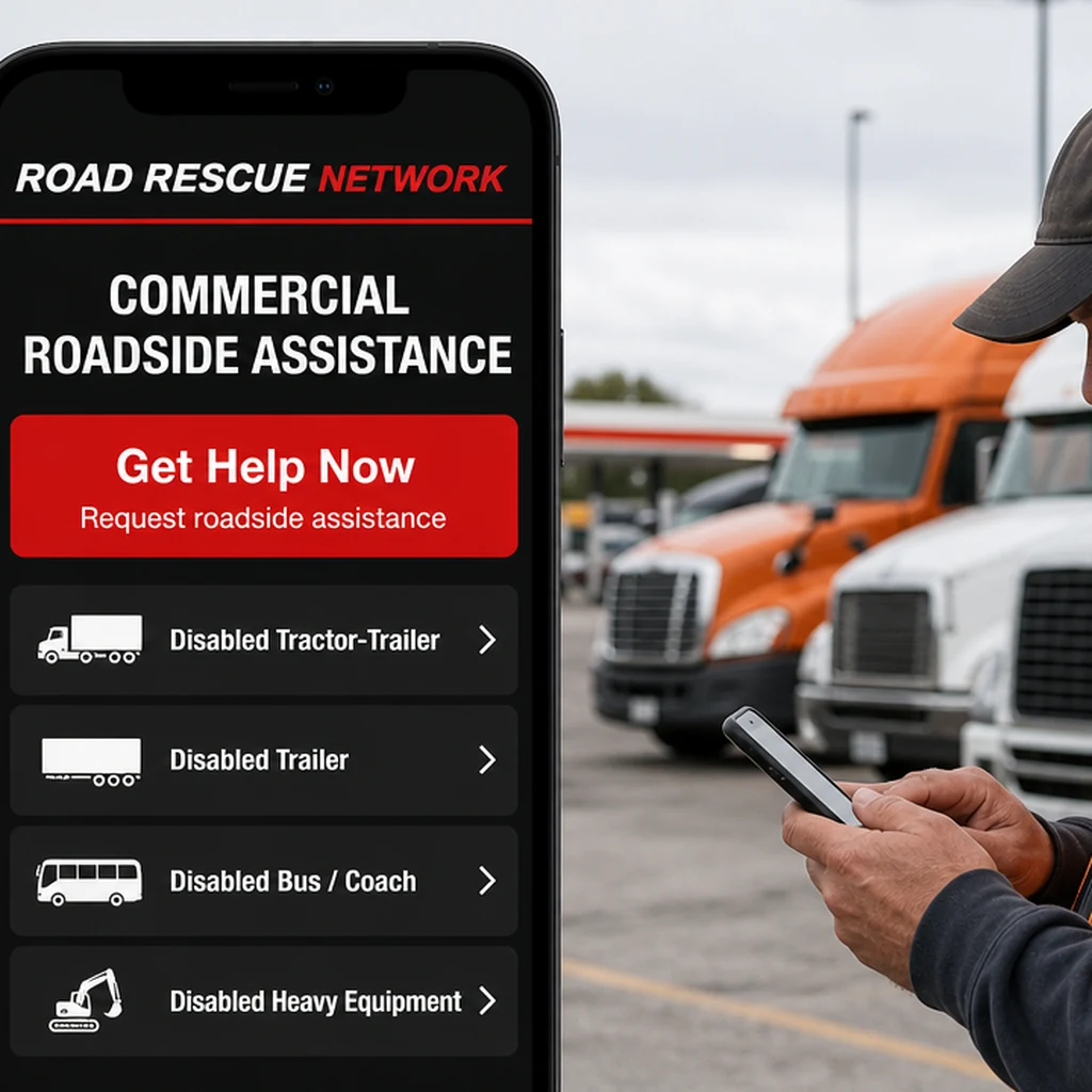 Illustration of a driver opening a roadside assistance request in the Road Rescue Network app.