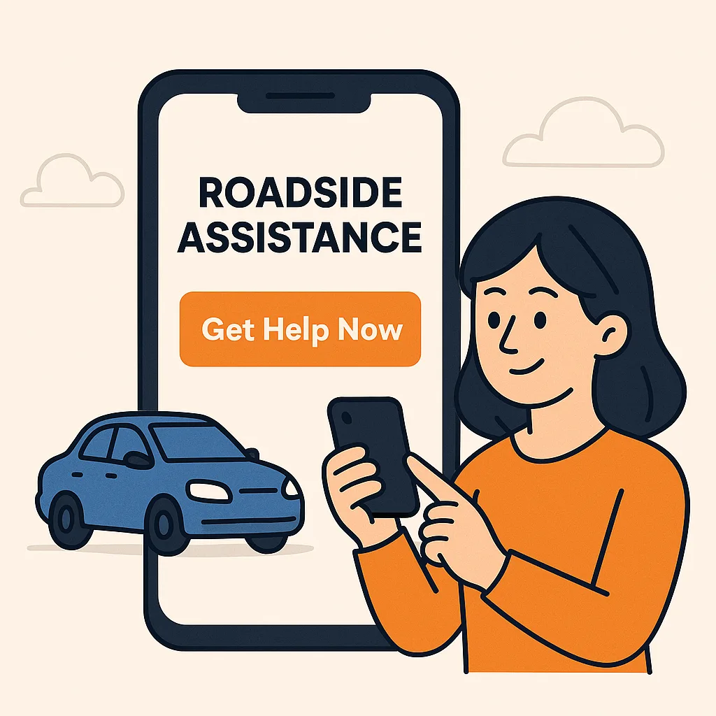 Illustration of a driver opening a roadside assistance request in the Road Rescue Network app.