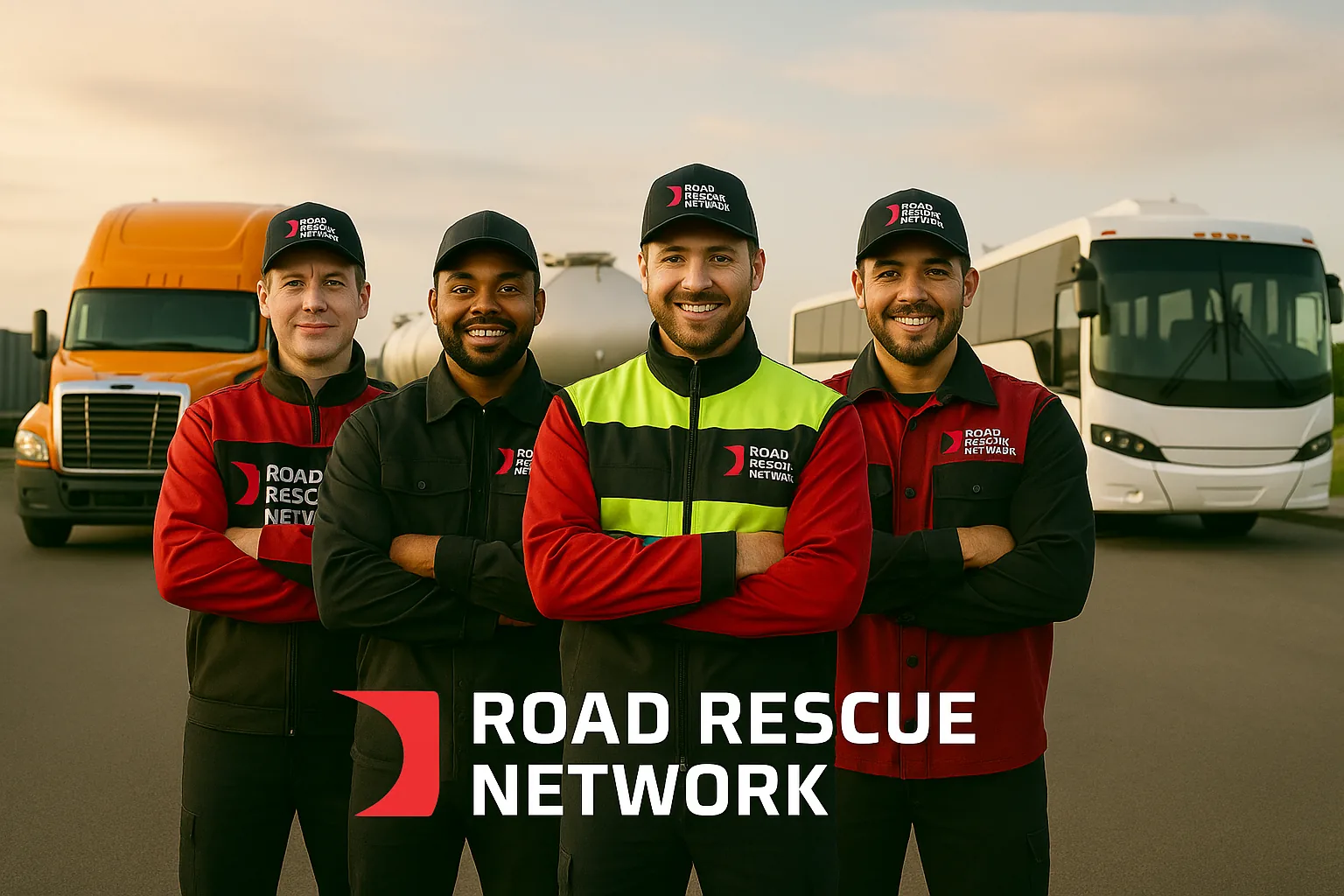 Four Road Rescue Network rescuers in branded uniform standing in front of a tractor unit, tanker and coach