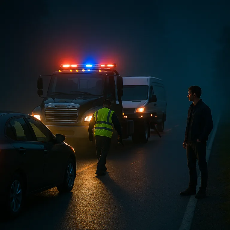 Tow truck and responders working a nighttime collision scene under emergency lights.