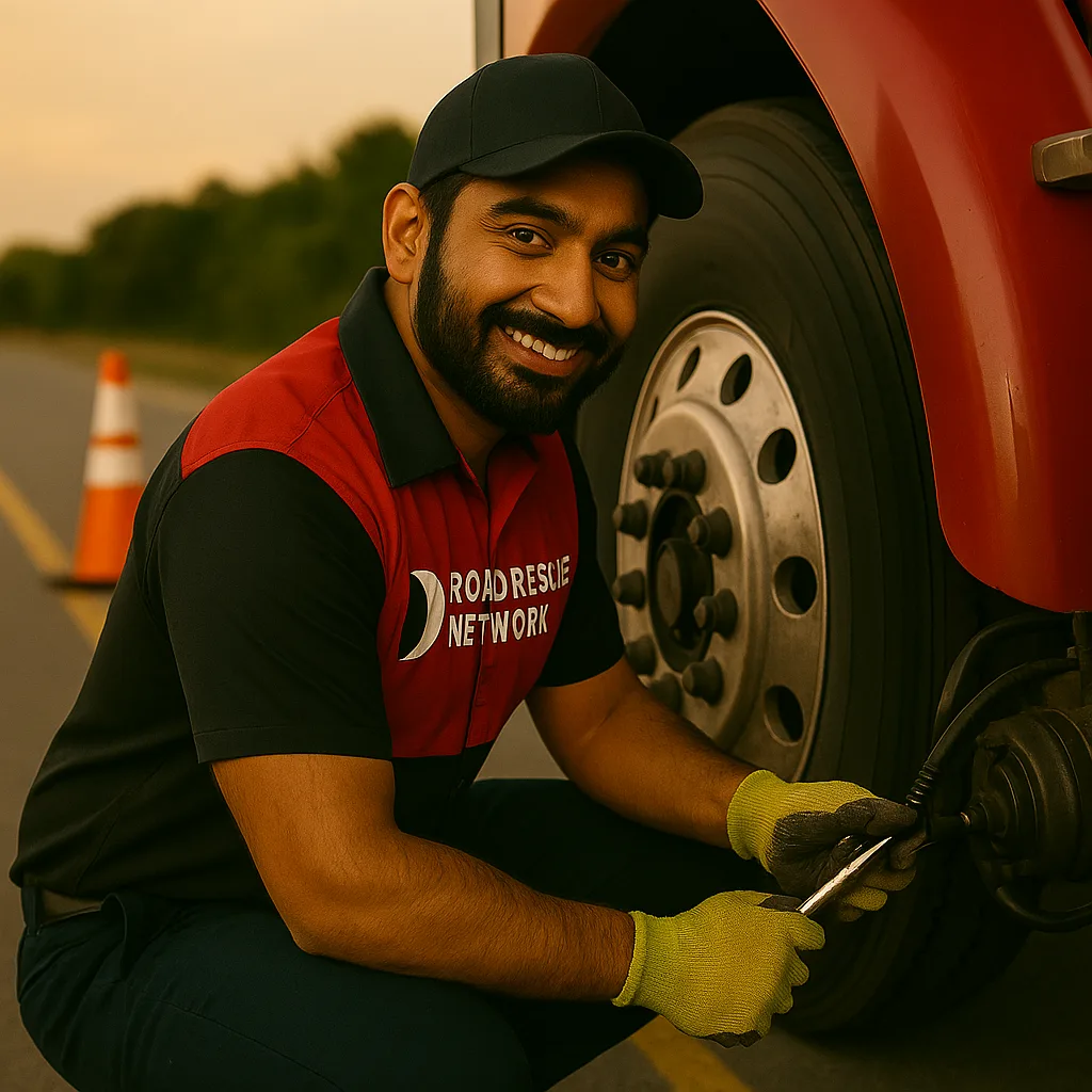 Road Rescue Network technician torquing a commercial truck wheel at the roadside.