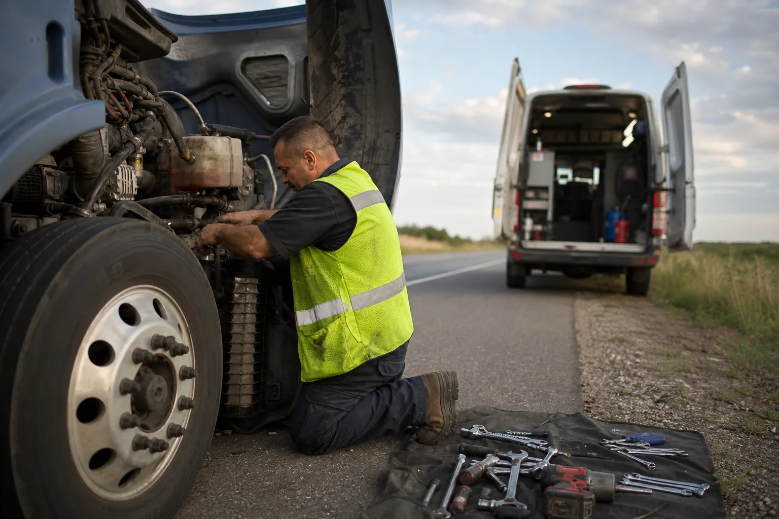 Road Rescue Network diesel technician at the open hood of a day-cab tractor.