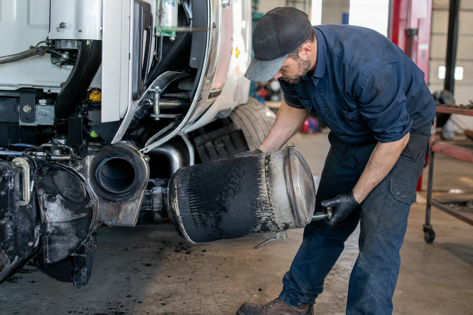 Diesel technician pulling a soot-loaded diesel particulate filter canister from a truck exhaust.