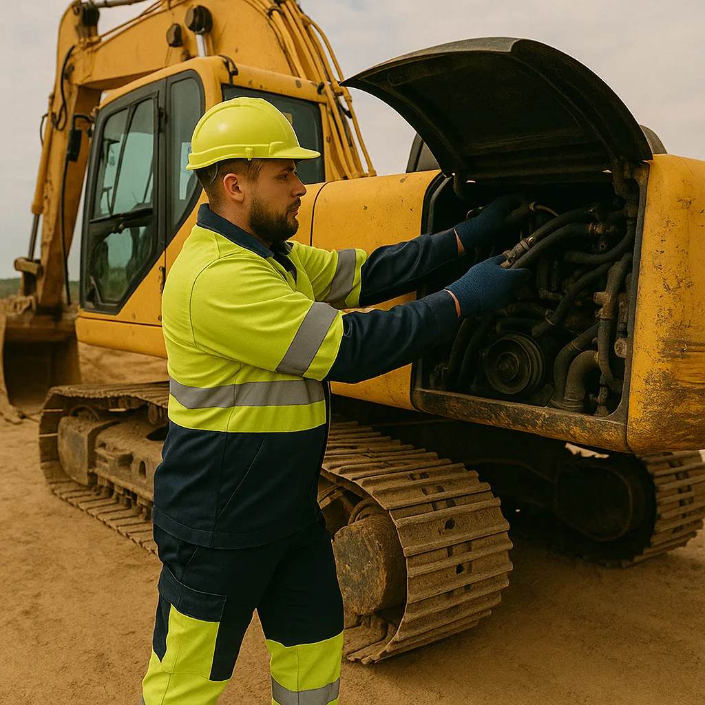 Technician servicing a tracked excavator on a job site.