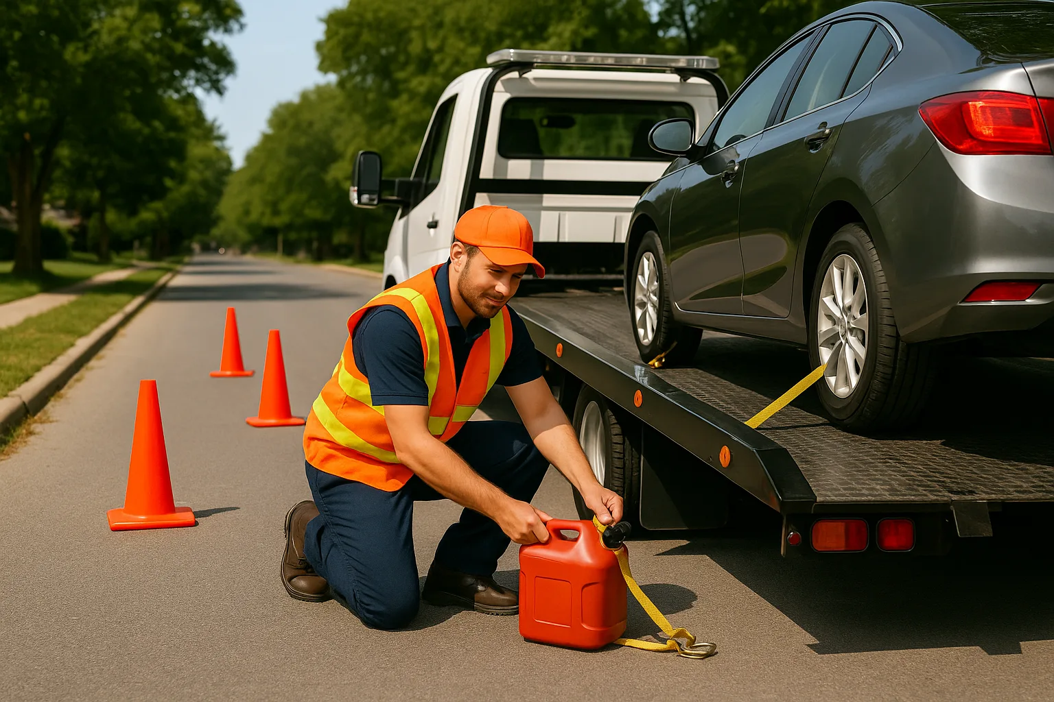 Passenger car winched onto a flatbed tow truck with safety cones set out.