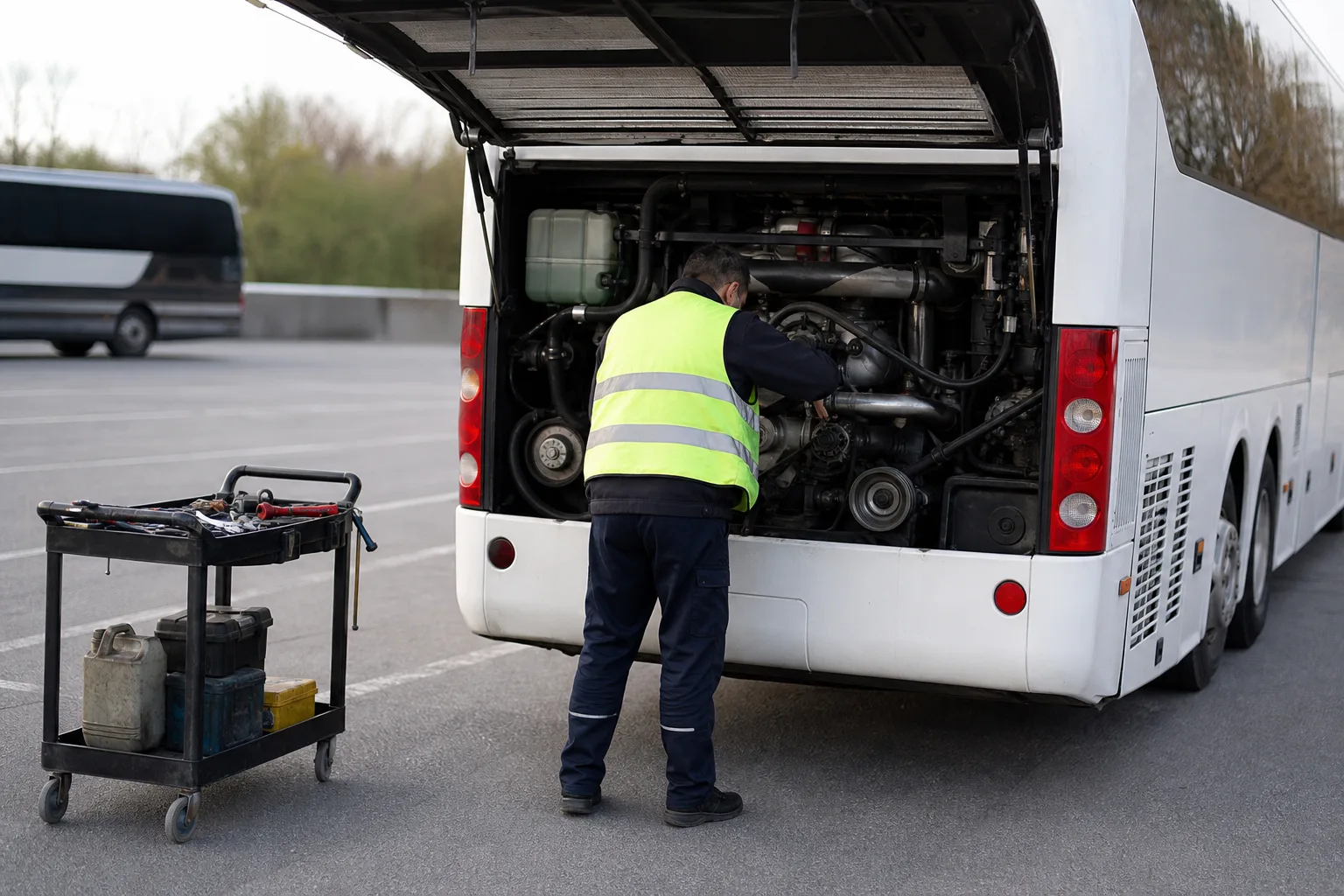 Technician working in the open rear engine compartment of a motorcoach, tool cart alongside.