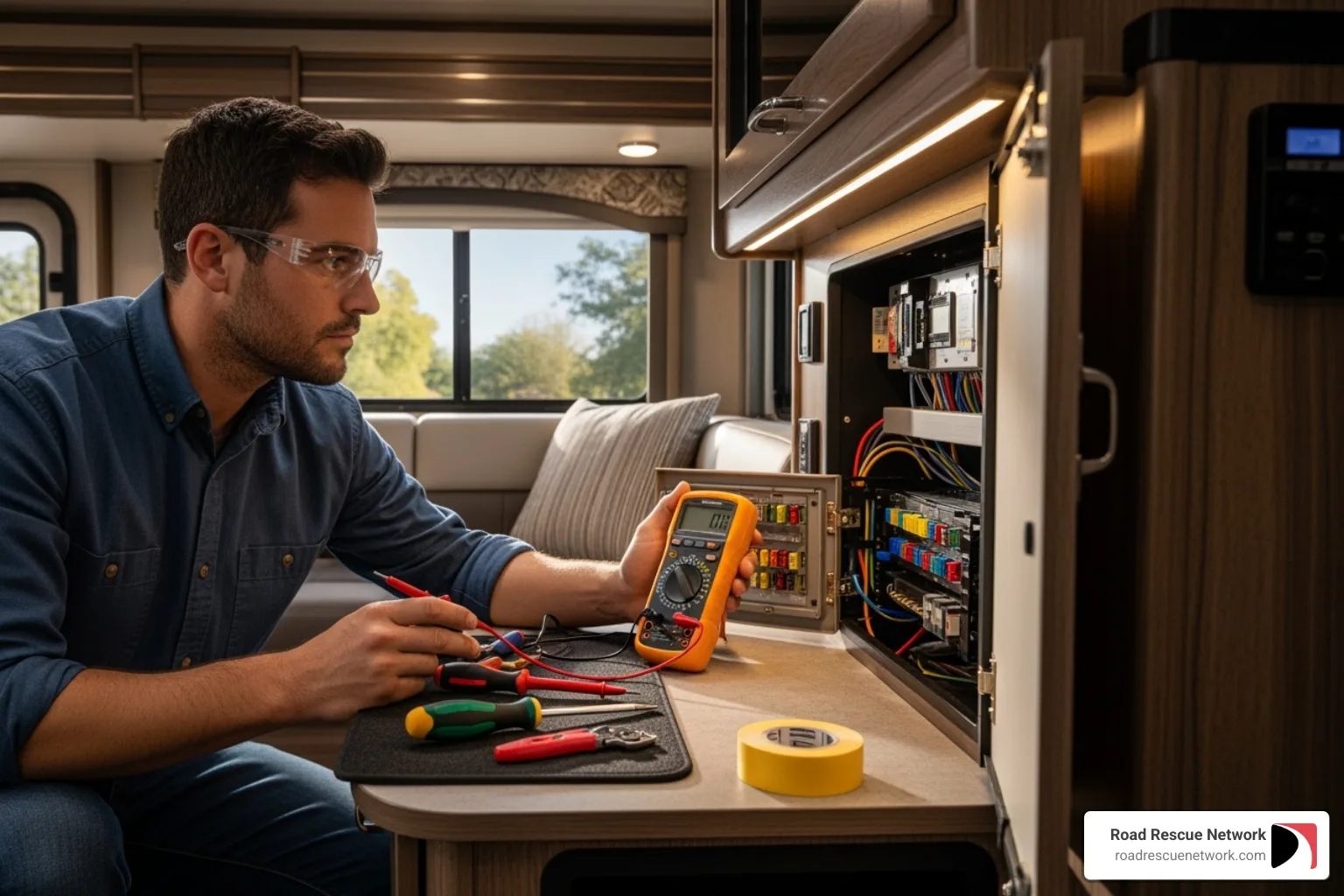 Technician working on the interior systems of a motorhome.