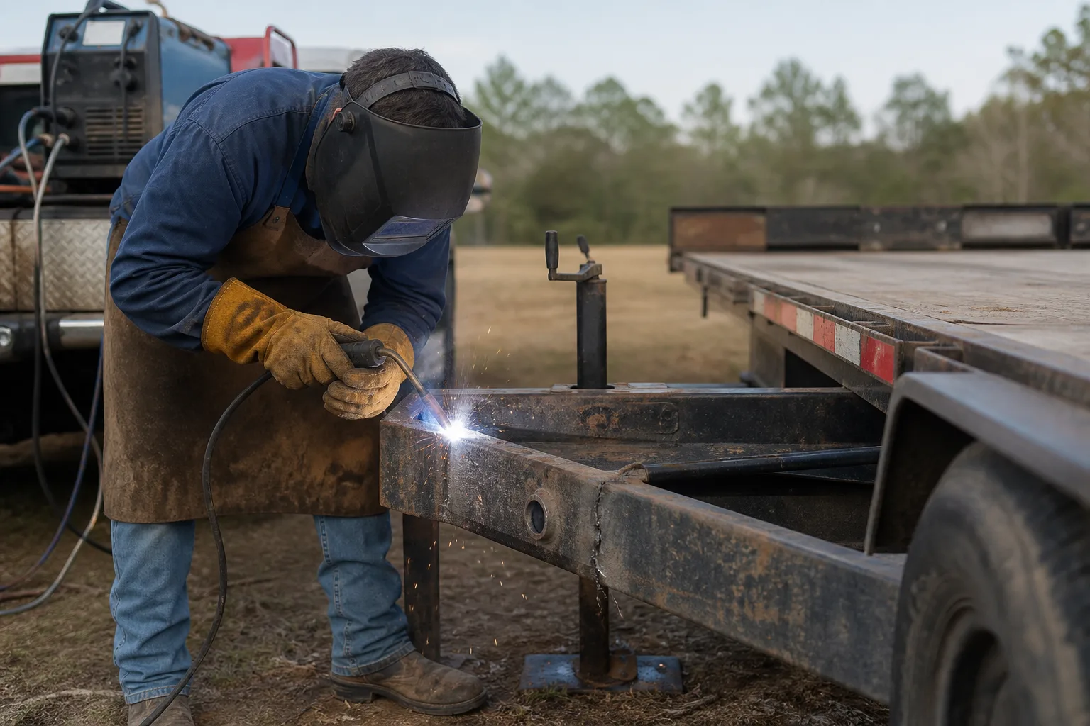 Mobile welder repairing a cracked steel frame rail on a flatbed trailer, arc lit against the frame.