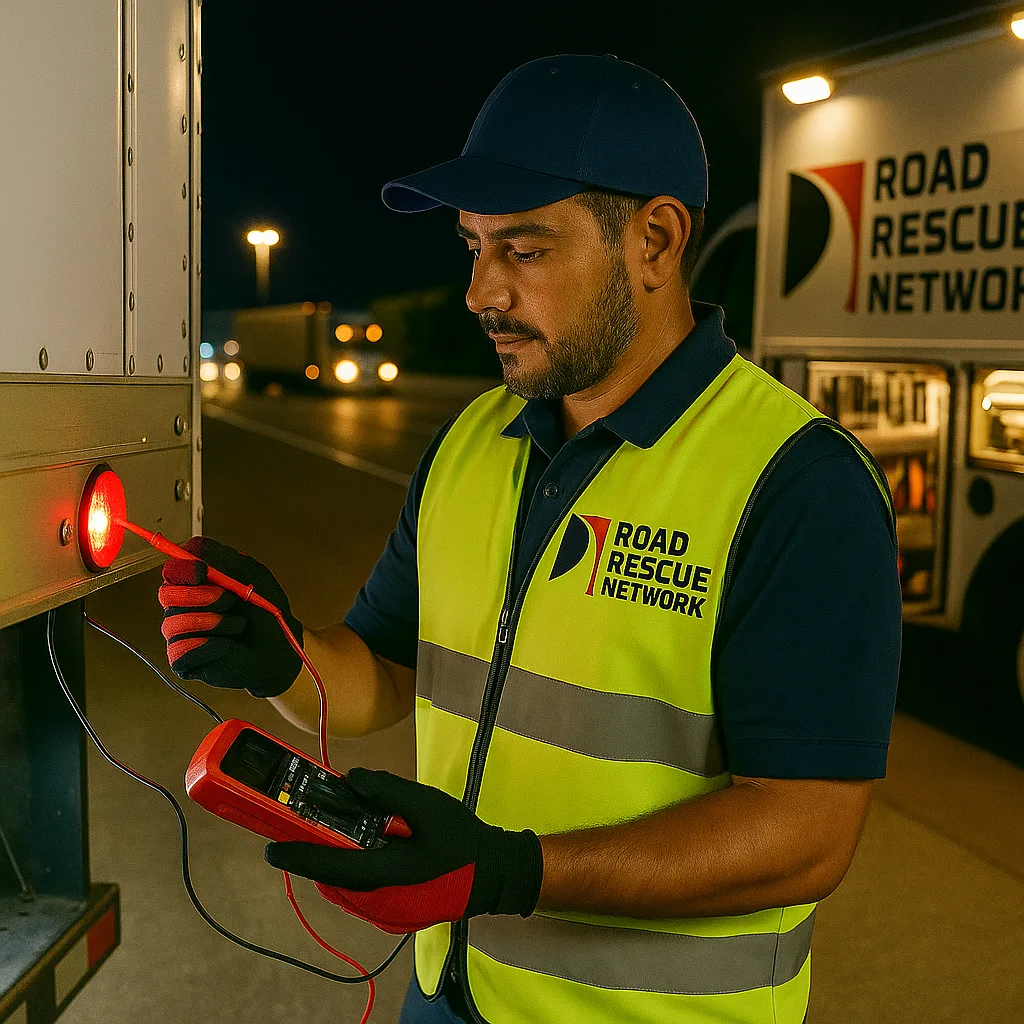 Road Rescue Network technician testing brake components with a work lamp.