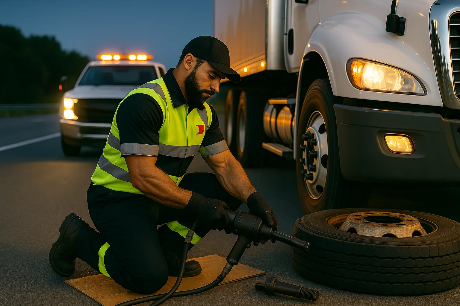 Road Rescue Network technician servicing a brake assembly at the kerb.