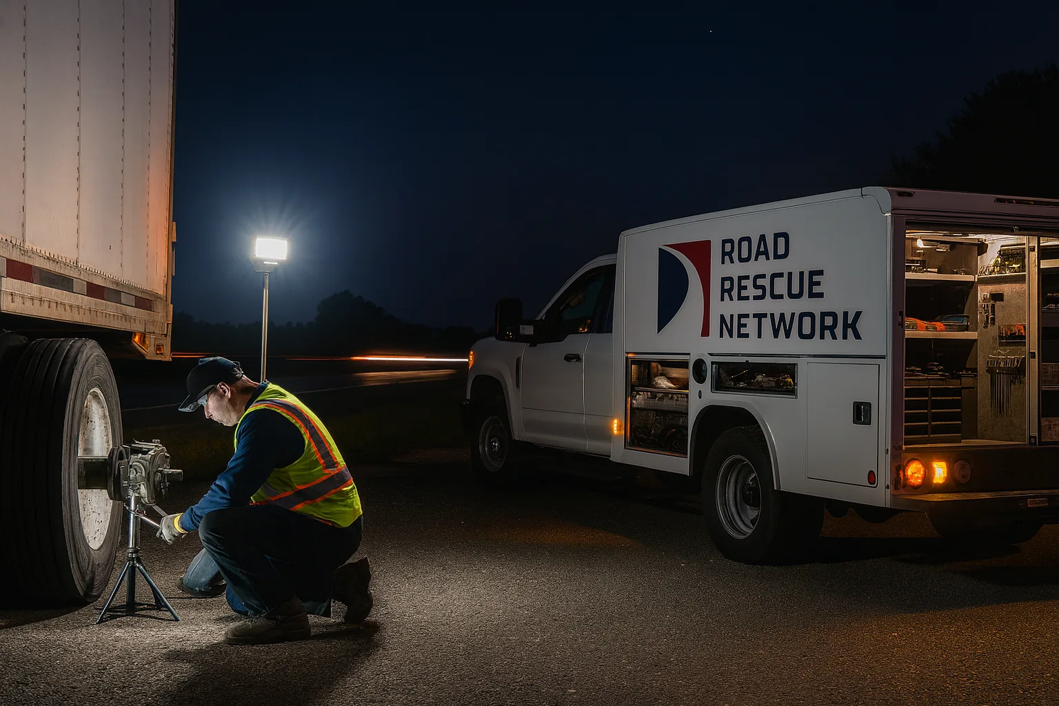 Road Rescue Network technician working brakes under portable lighting at night.