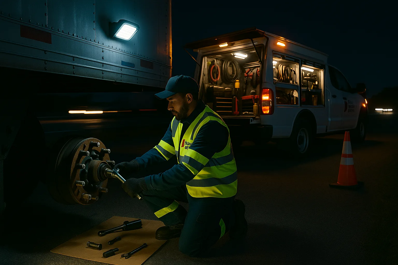 Road Rescue Network technician rebuilding a brake assembly beside a lit service body.