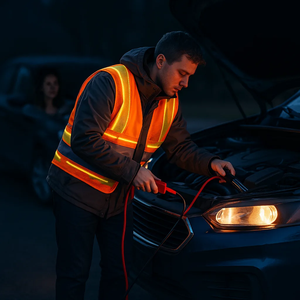 Road Rescue Network technician connecting jumper cables to a car battery after dark.