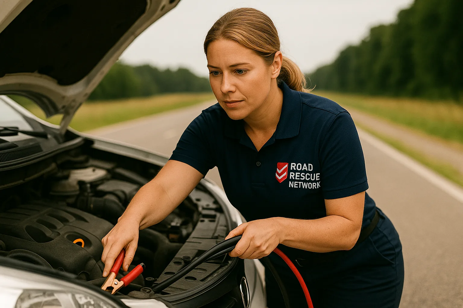 Road Rescue Network technician clipping jumper cables under the hood of a car on a rural shoulder.