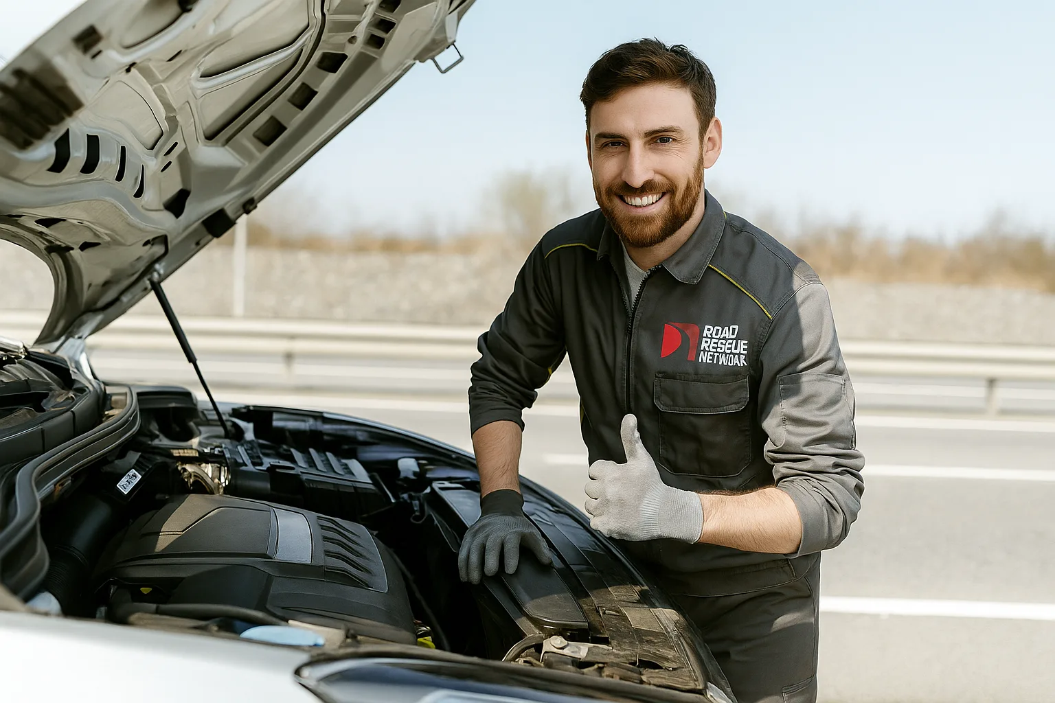 Road Rescue Network technician smiling at the open hood of a car during a jumpstart.