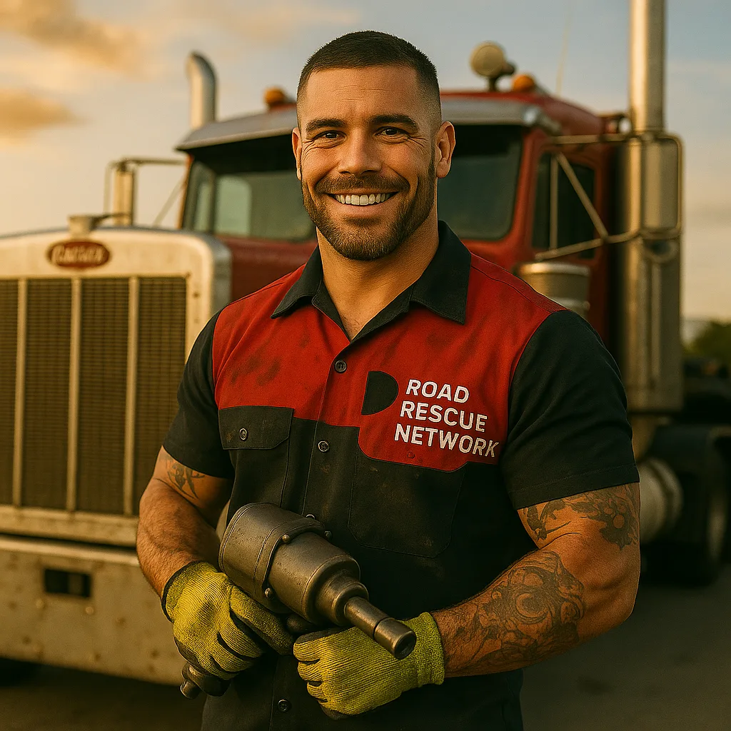 Road Rescue Network technician working a drive-axle wheel on a tractor unit.