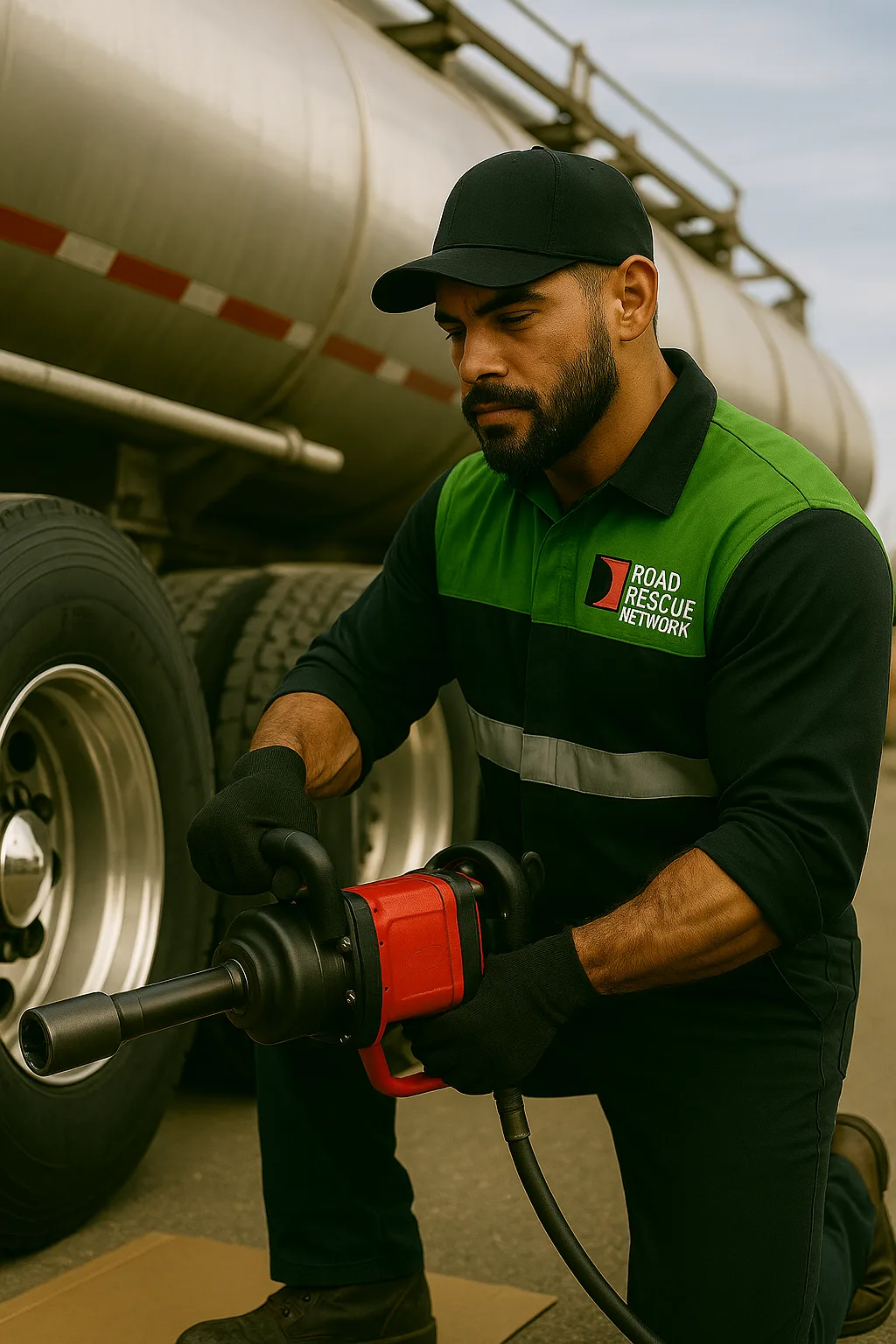 Road Rescue Network technician torquing a wheel on a tanker trailer.