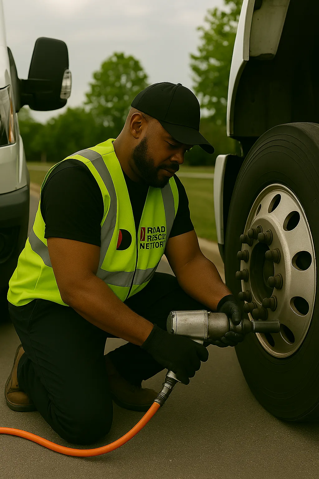 Road Rescue Network technician running an impact wrench on a heavy truck wheel.