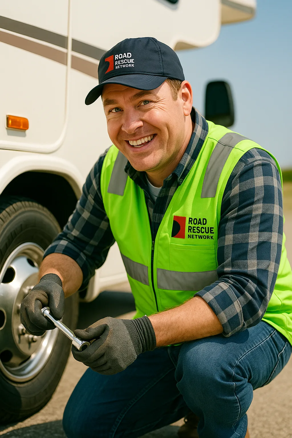 Road Rescue Network technician torquing a wheel on a box truck at the kerb.