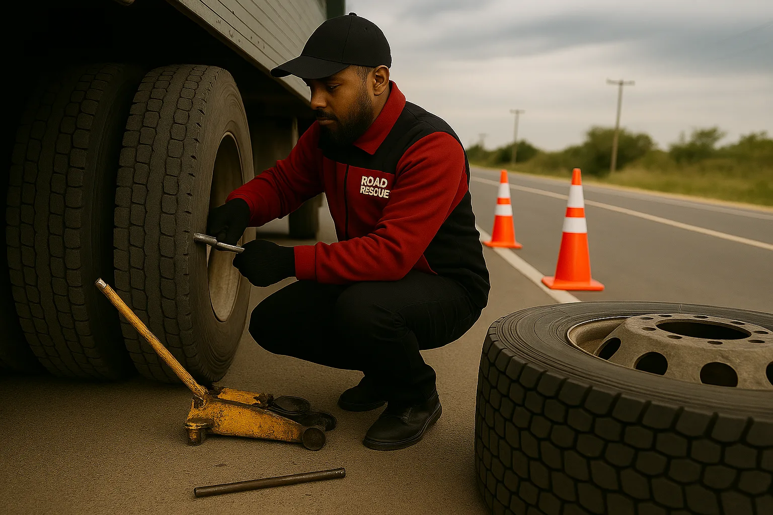 Road Rescue Network technician jacking a truck wheel with cones set behind.