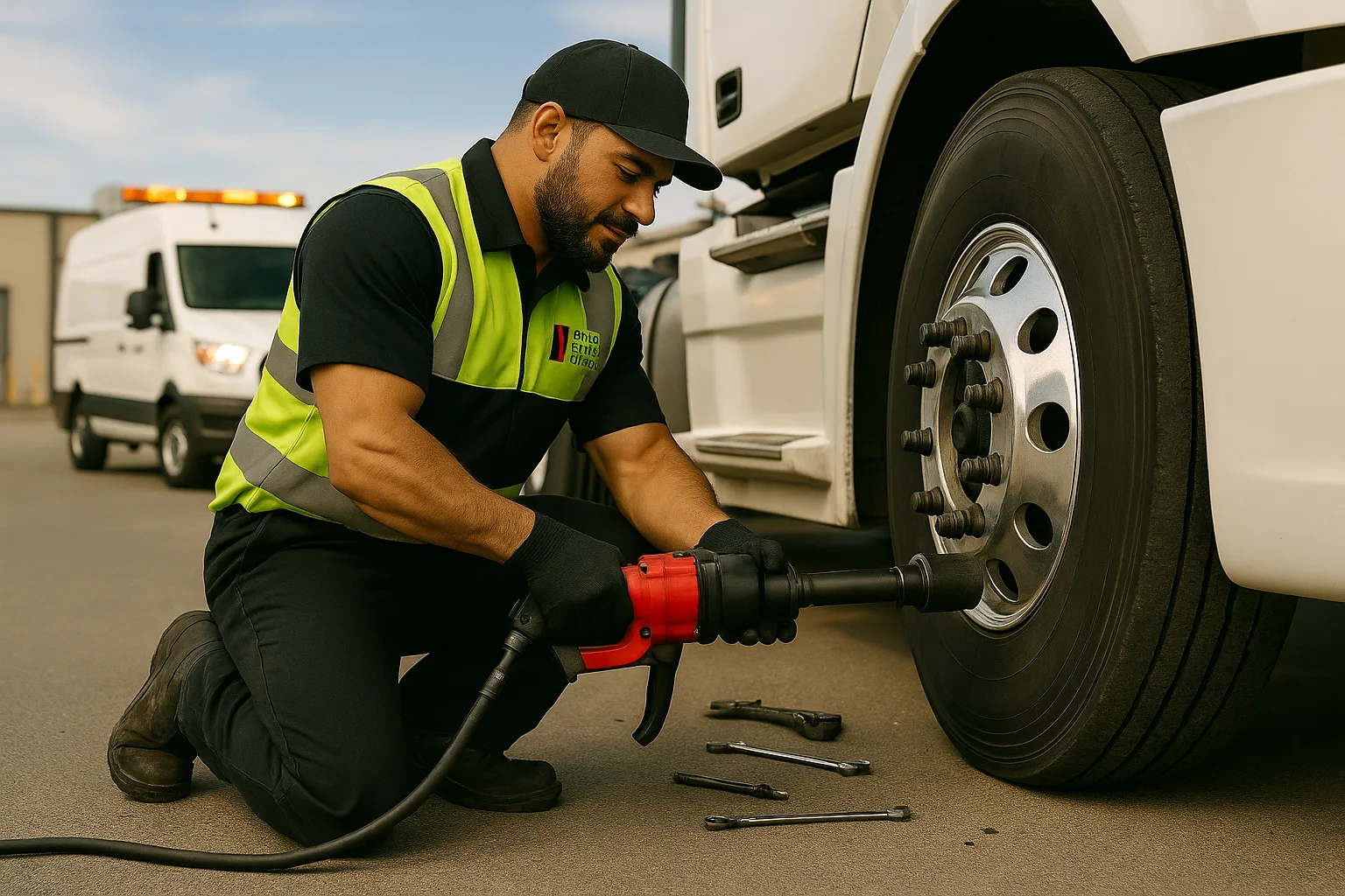 Road Rescue Network technician running an impact wrench under a tractor unit.