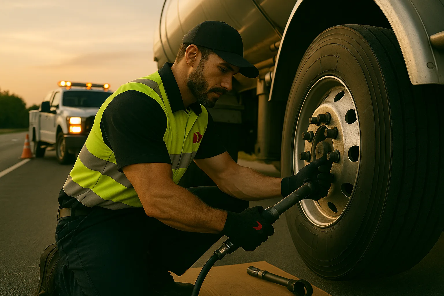 Road Rescue Network technician torquing a wheel on a heavy truck at dusk.