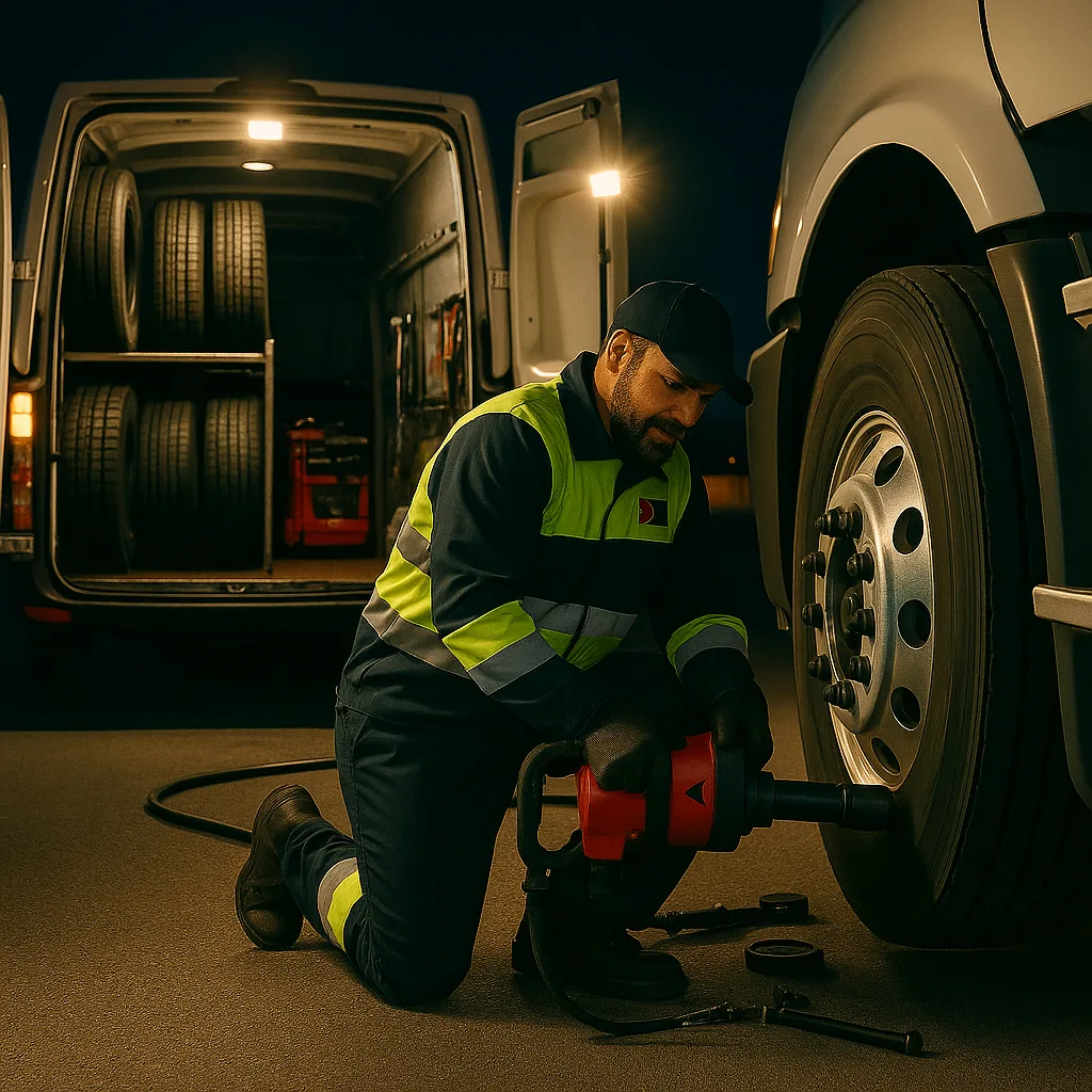Road Rescue Network technician changing a wheel from a stocked service van at night.