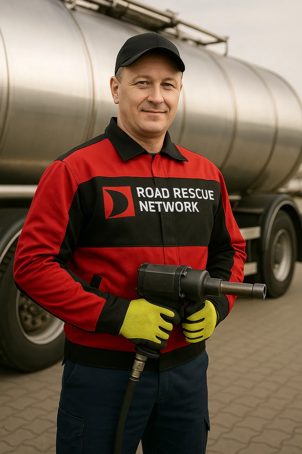 Road Rescue Network diesel technician holding an impact wrench at a tanker.