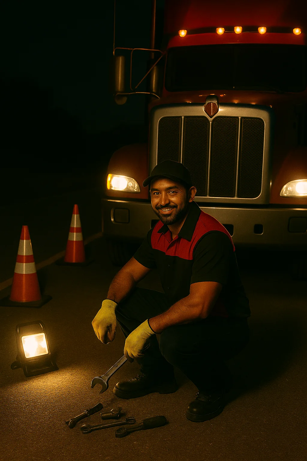 Road Rescue Network technician working by lamplight at a tractor unit.