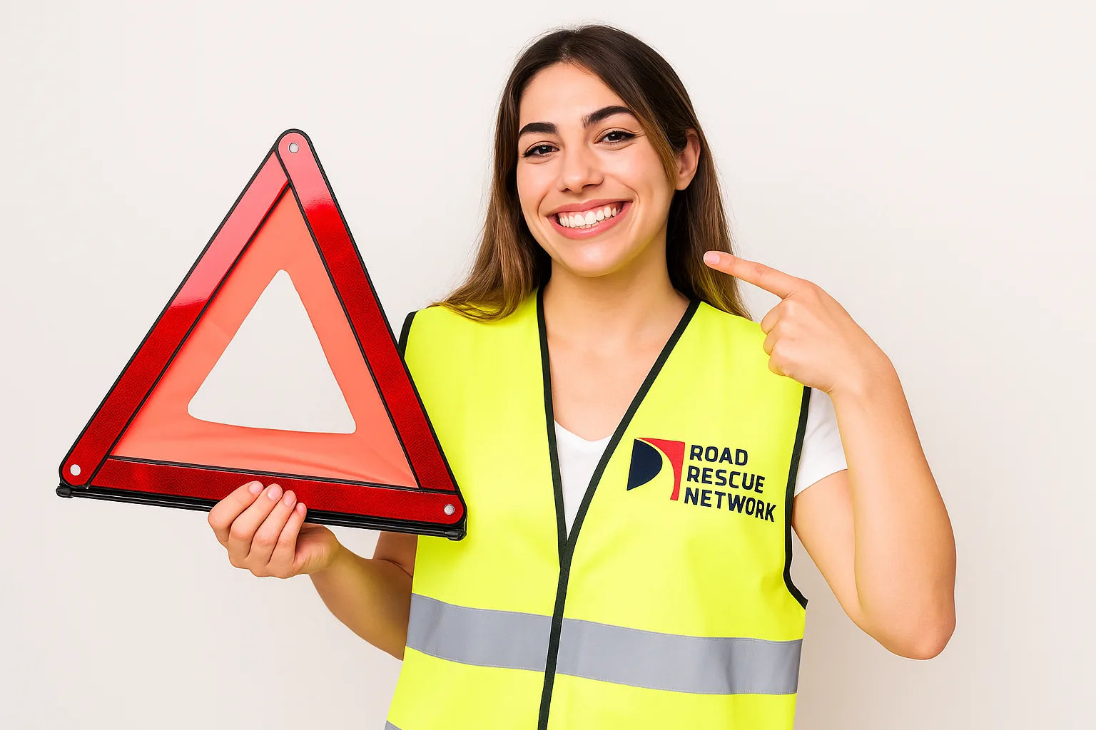 Road Rescue Network technician in a branded hi-vis vest holding a reflective warning triangle.