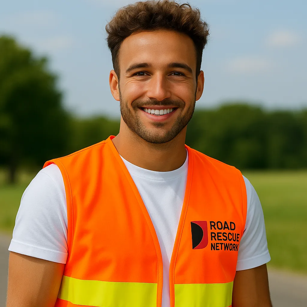 Road Rescue Network technician in a branded orange hi-vis vest, portrait.