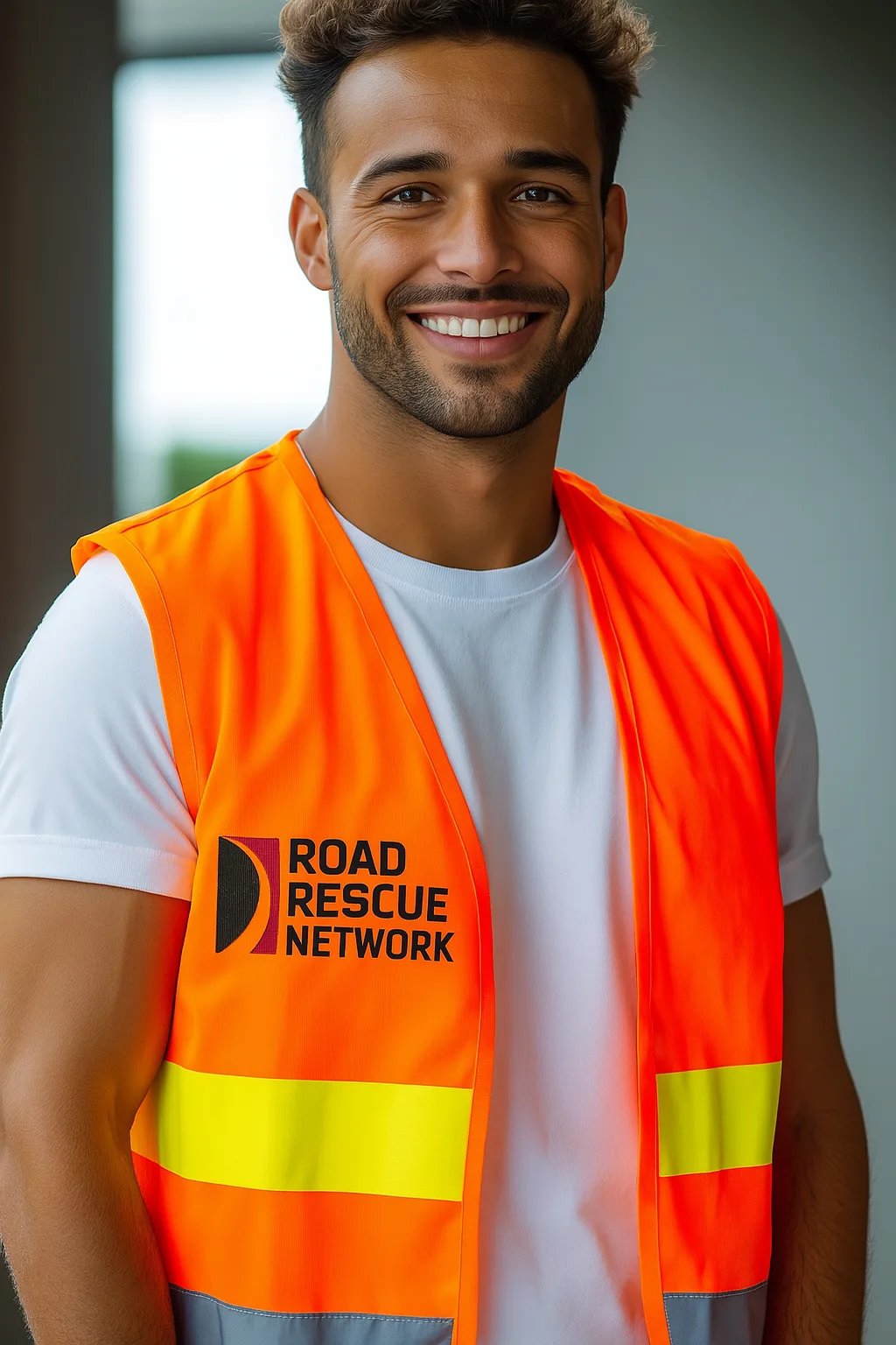 Road Rescue Network technician in an orange branded vest, portrait.