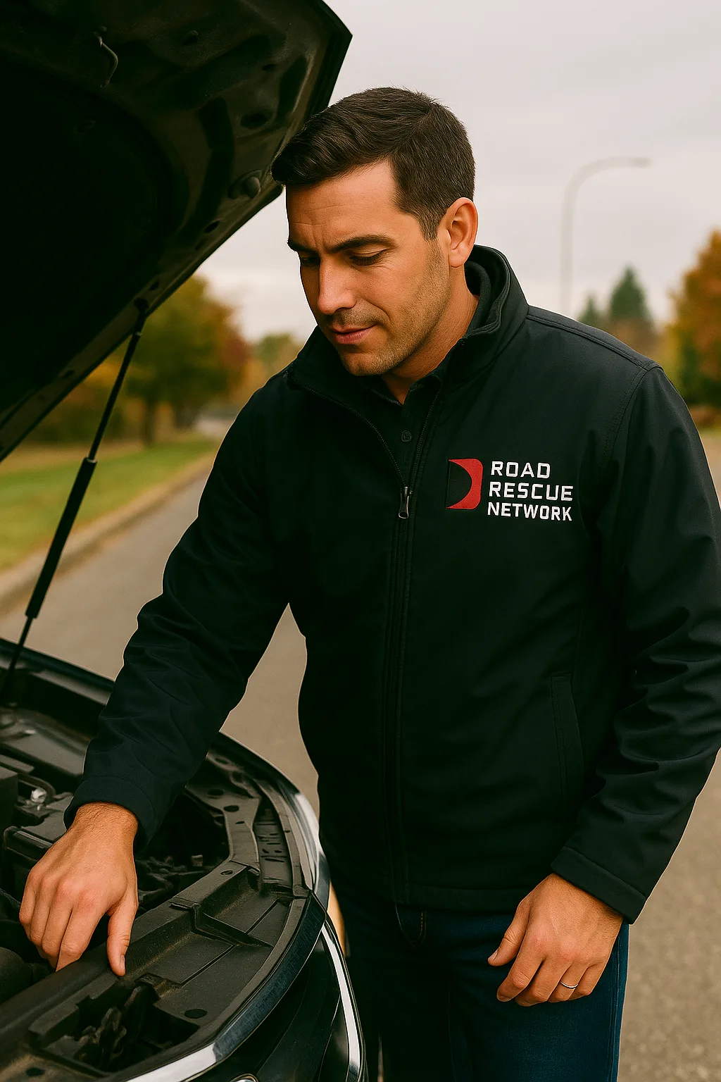 Road Rescue Network technician at the open bonnet of a car on a verge.