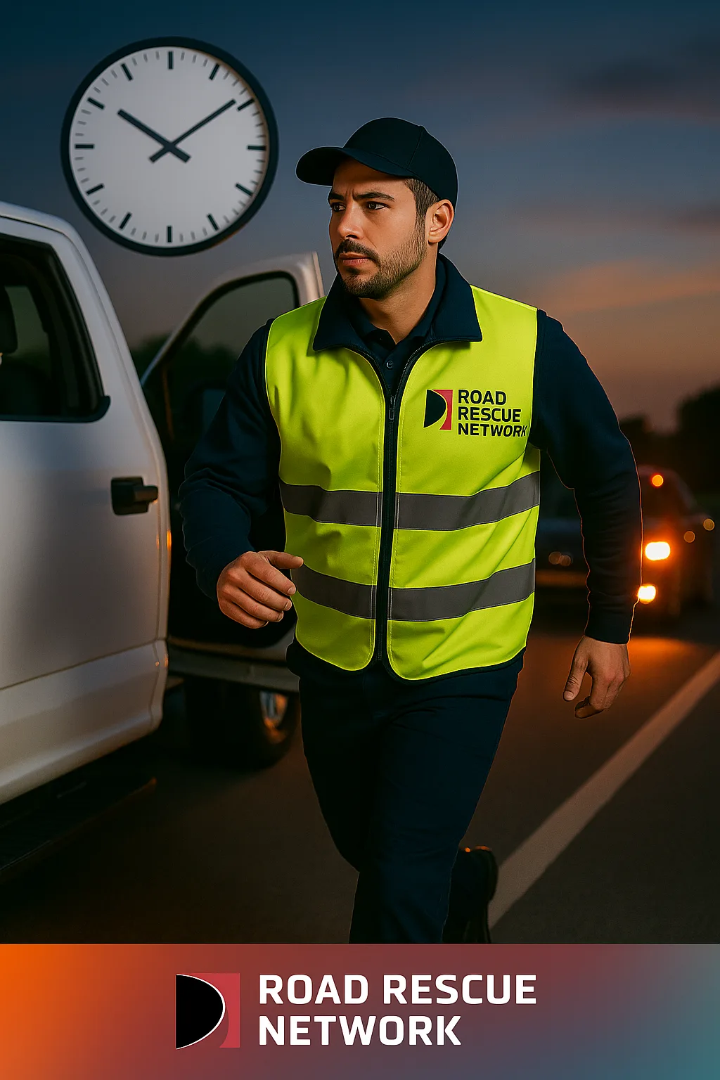 Road Rescue Network technician walking back to a service pickup at dusk.