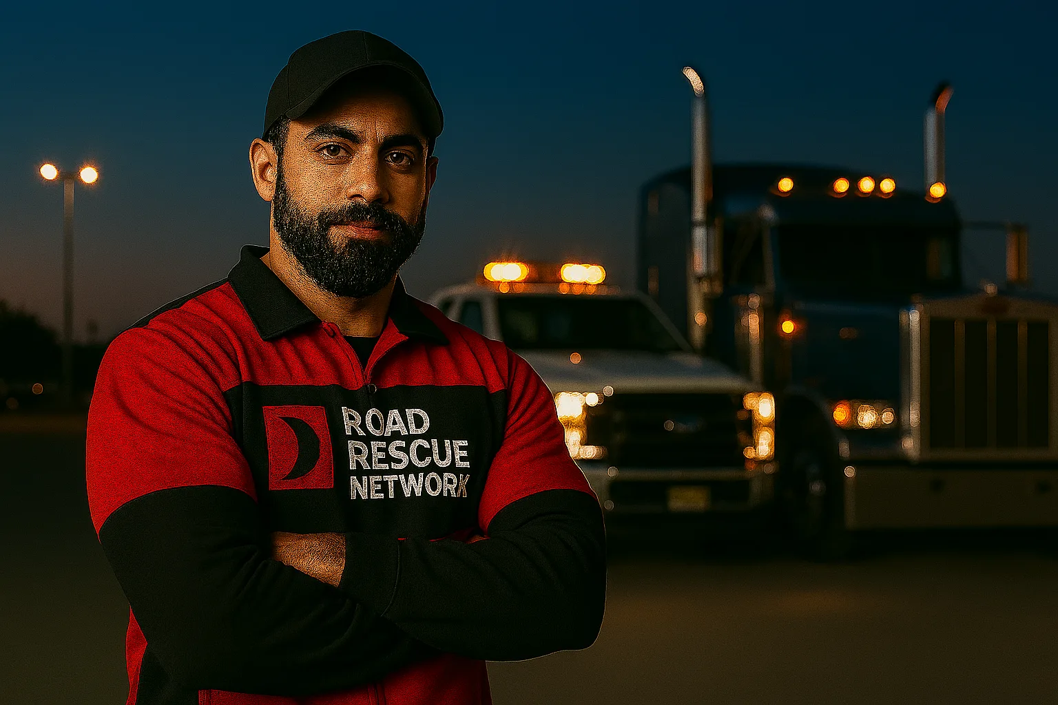 Road Rescue Network technician in a red branded jacket at a night call.