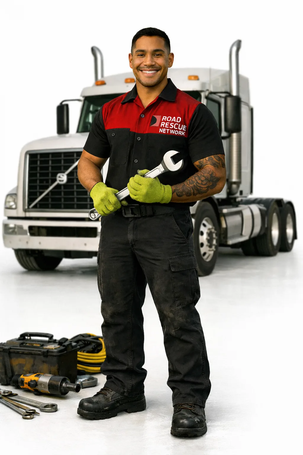 Road Rescue Network technician holding a wrench in front of a fleet tractor unit.