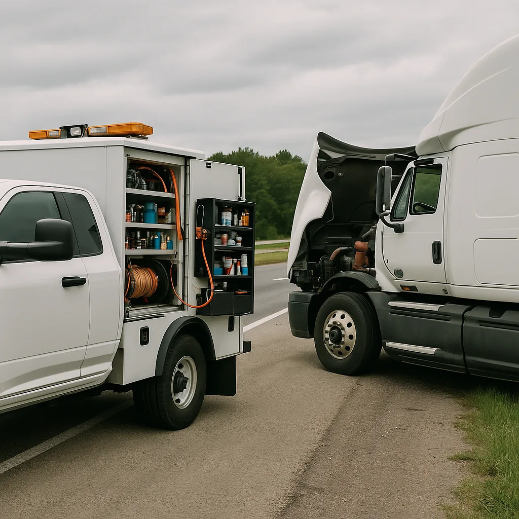 Road Rescue Network service truck working a fleet tractor at the roadside.