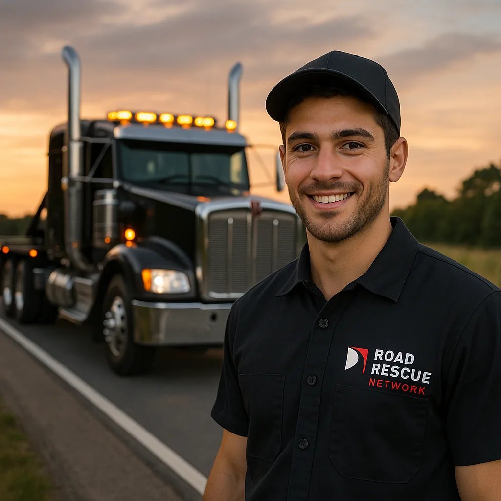Road Rescue Network technician in front of a tractor unit at sunrise.
